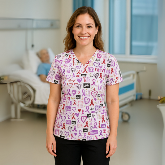 Scrub Top – Breast Cancer (White)