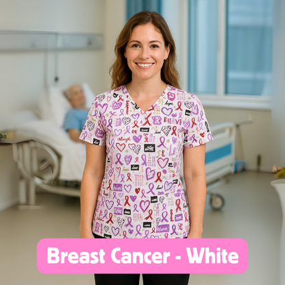 Scrub Top – Breast Cancer (White)