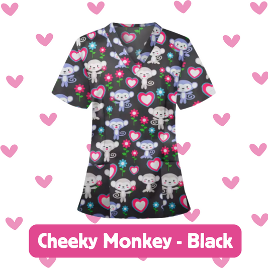 Scrub Top – Cheeky Monkey (Black)