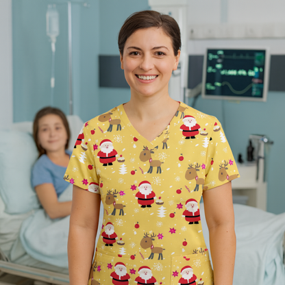 Christmas Scrub Top – Yellow Santa
