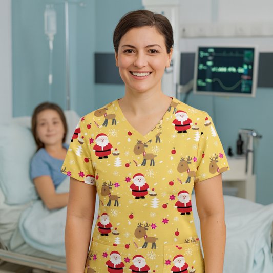 Christmas Scrub Top – Yellow Santa