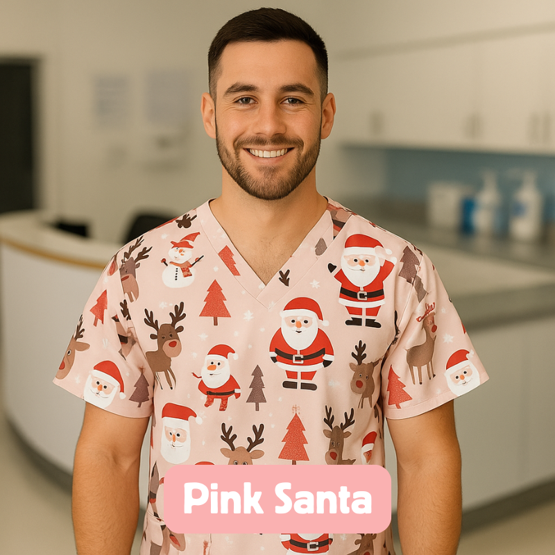 Christmas Scrub Top – Pink Santa