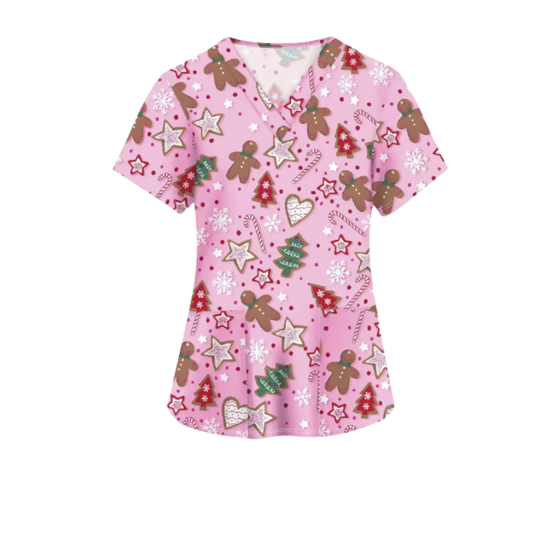 Christmas Scrub Top – Pink Gingerbread