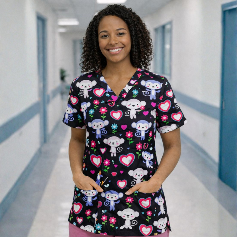 Scrub Top – Cheeky Monkey (Black)