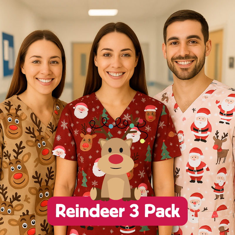 3 Scrub Tops - Reindeer (3 Pack)