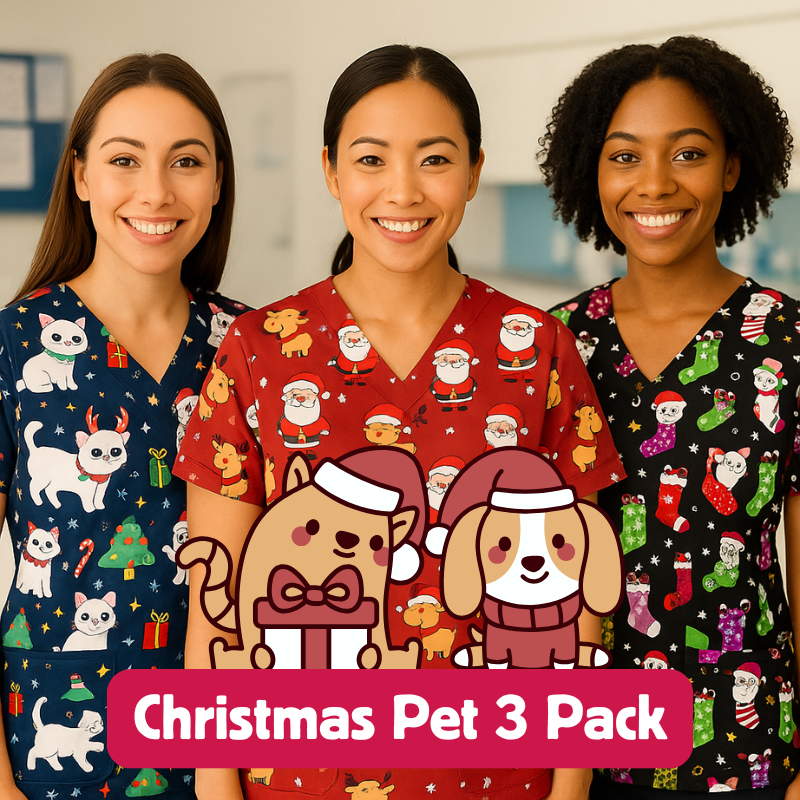 3 Scrub Tops - Christmas Pets (3 Pack)