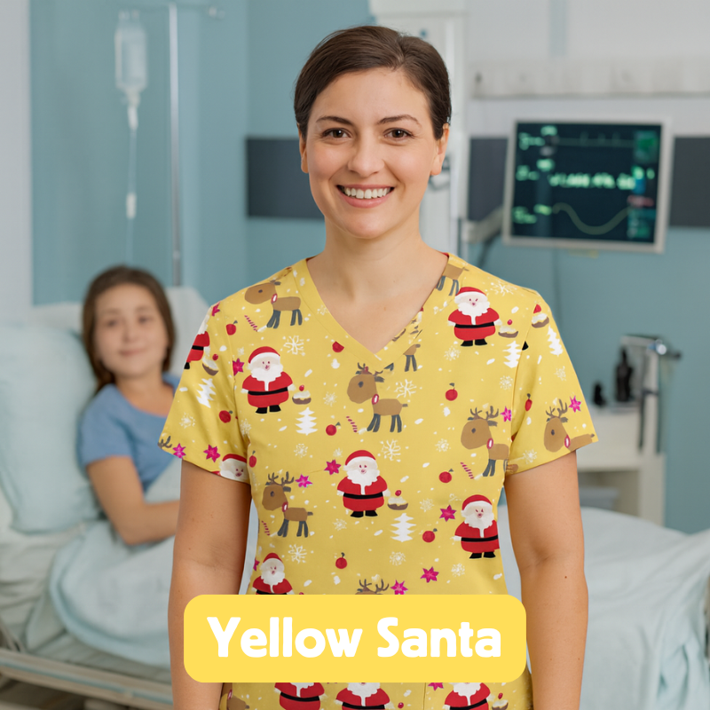 Christmas Scrub Top – Yellow Santa
