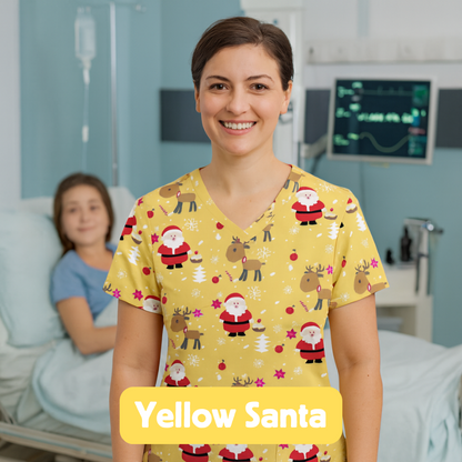 Christmas Scrub Top – Yellow Santa