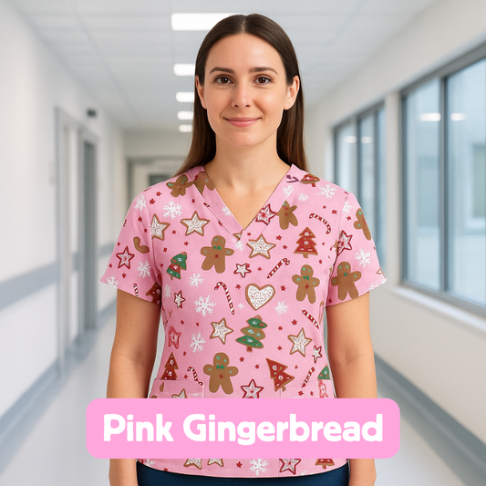 Christmas Scrub Top – Pink Gingerbread